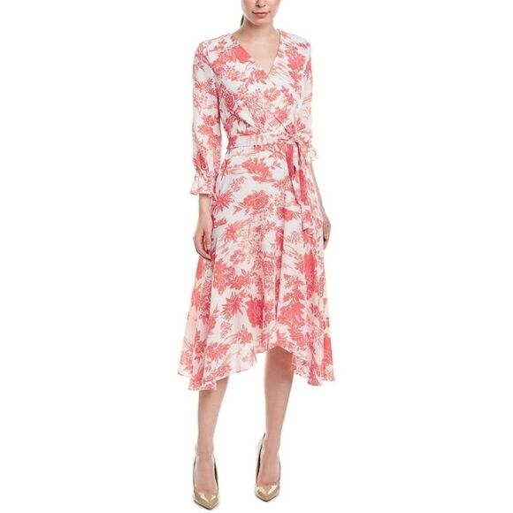 New! TAHARI Women's Floral Print Belted Crepe Faux Wrap Dress 3/4 Sleeve Size 8 - Picture 3 of 4